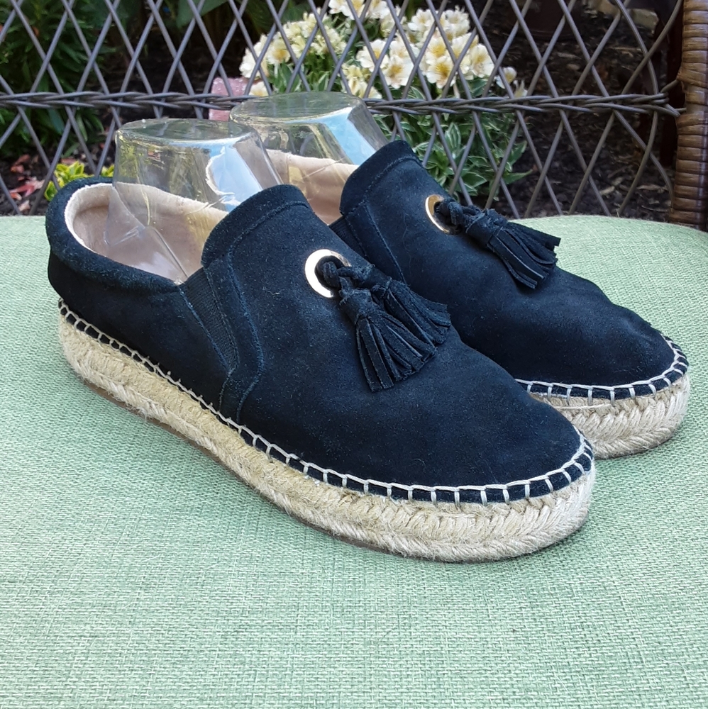 J/Slides NYC Black Suede Espadrille Slip-on Shoe with TasselDetail.